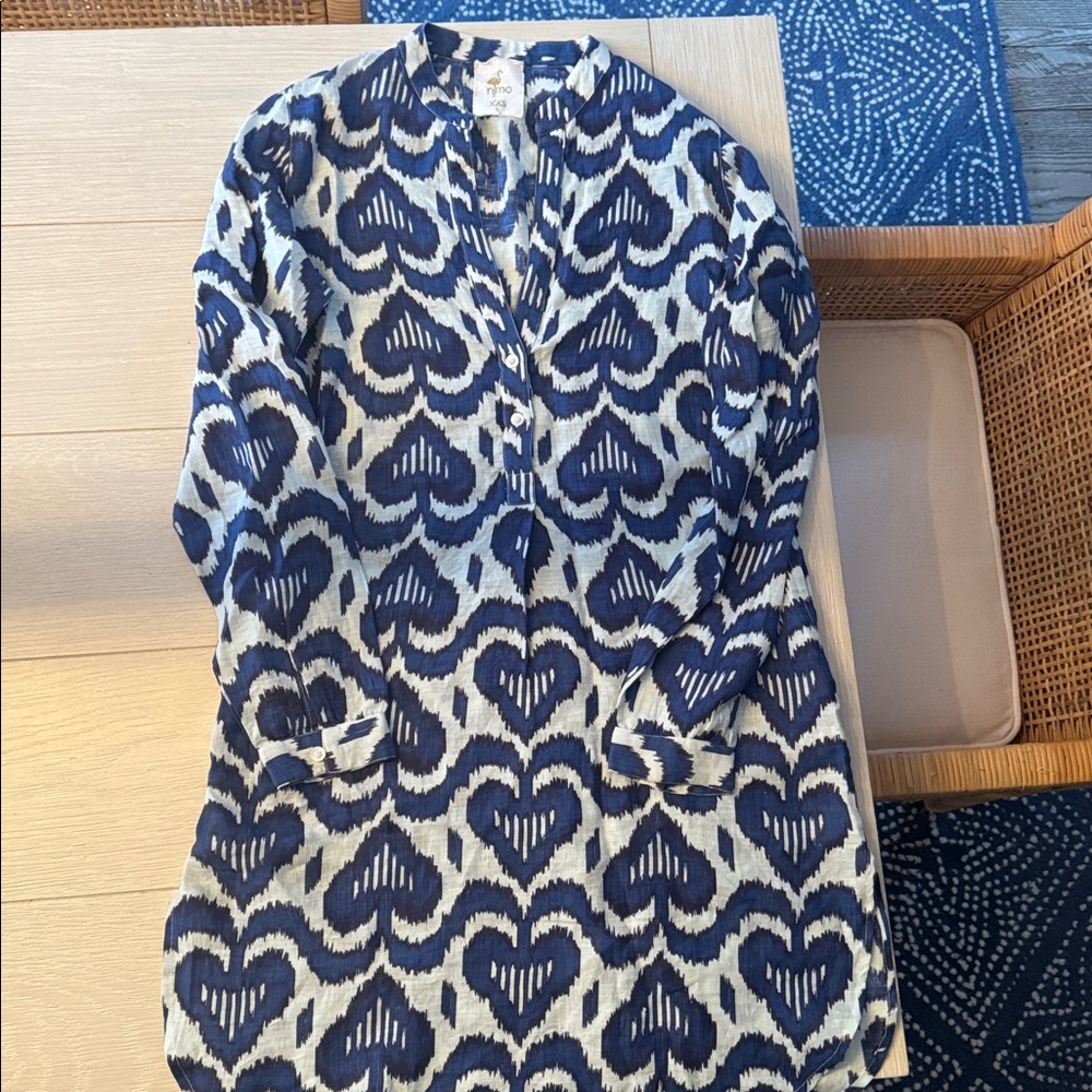 NIMO with LOVE Ikat Shift Dress Size XXS 100% Linen Blue Print Long Sleeve